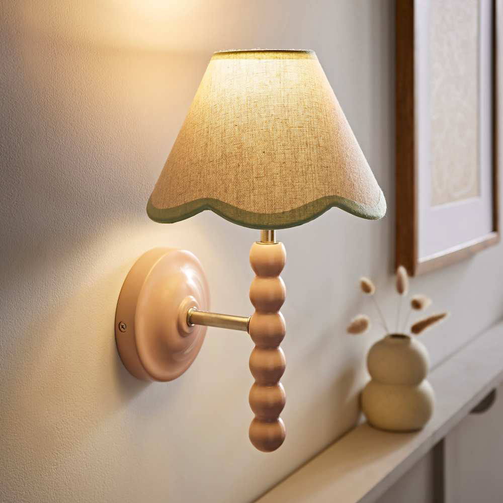 ValueLights Green Trim Scallop Shade Pink Bobbin LED Wall Light with Bulb Image 3