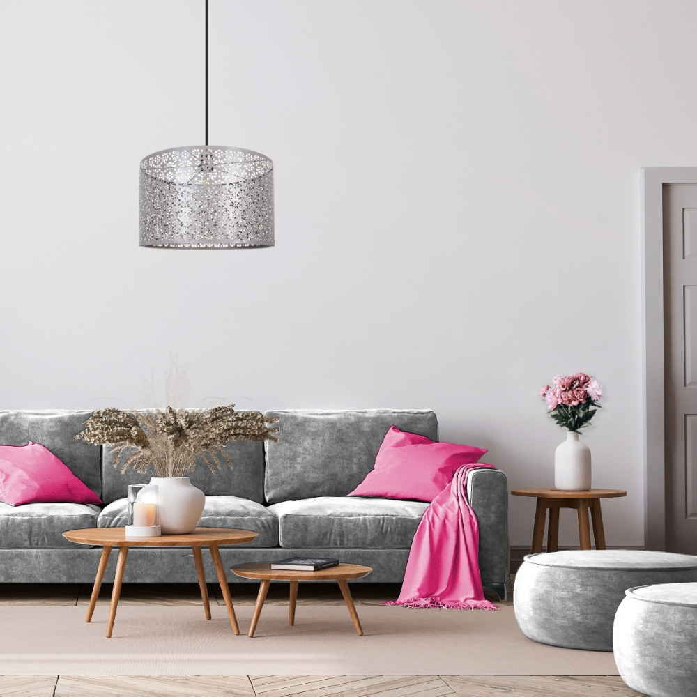 Happy Homewares Grey Metal Marrakech Designed Pendant Shade with Floral Decoration Image 2