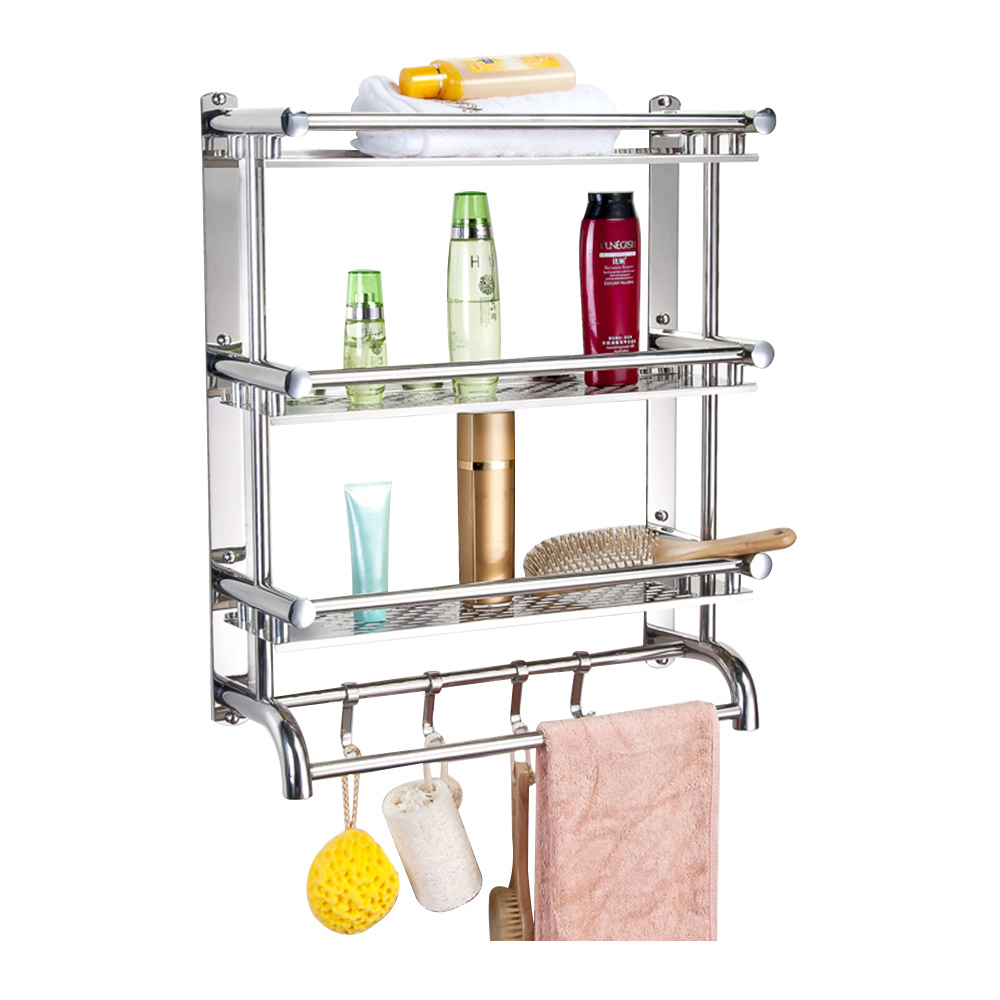 Living and Home 3-Tier Silver Stainless Steel Wall Mounted Bathroom Towel Rail with Shelf and Hooks Image 3