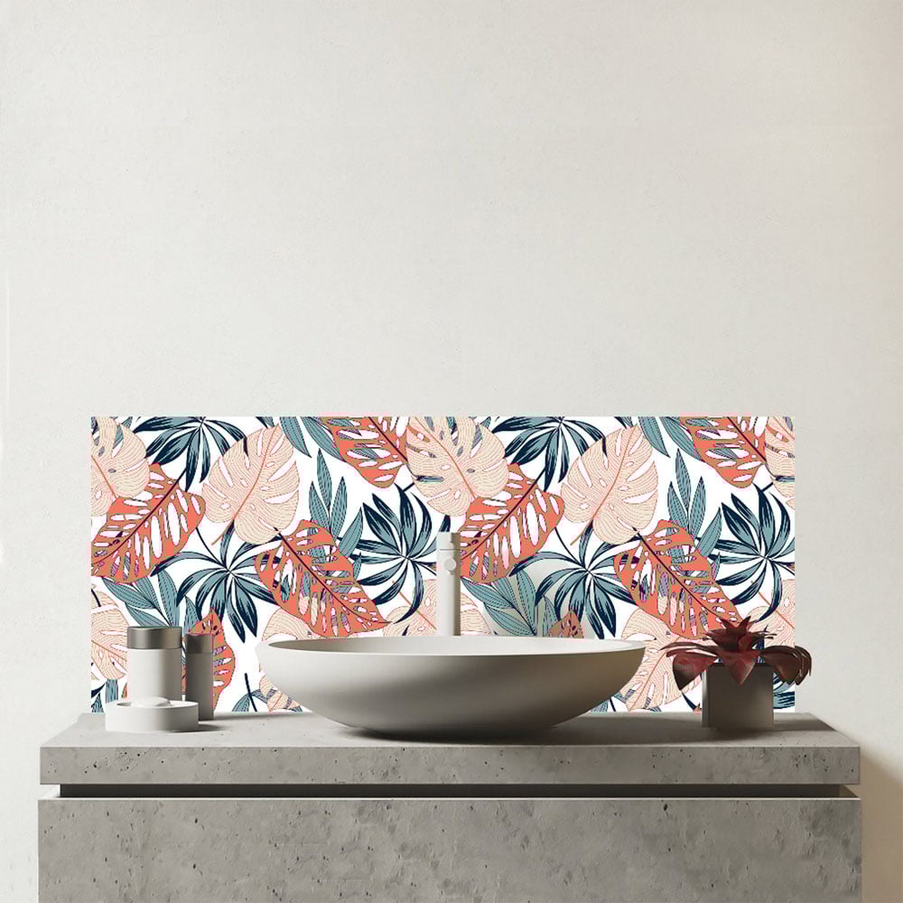 Warren Reed Designer Tropical Leaf Pattern Glass Bathroom Splashback 25 x 60cm Image 1