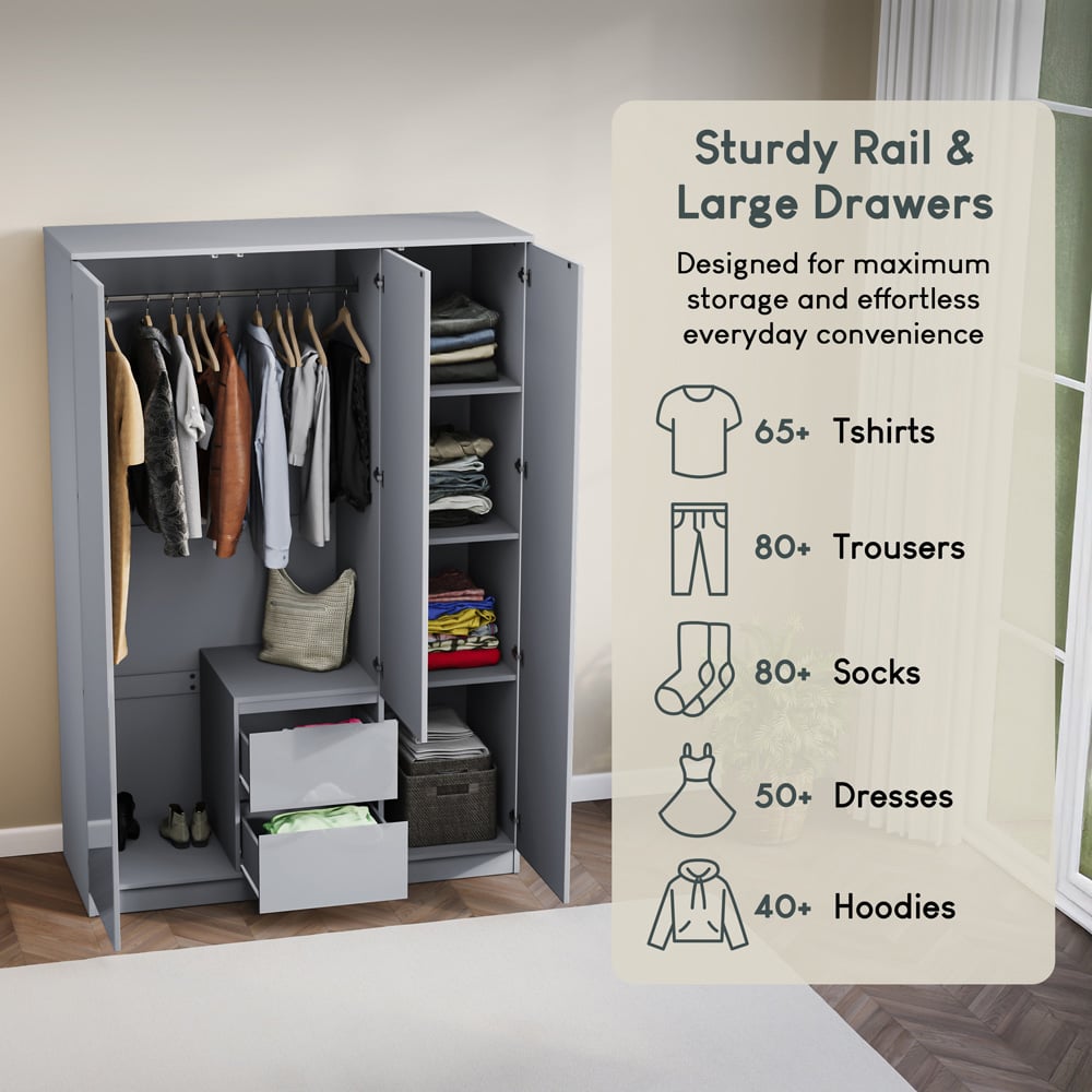 Vida Designs Glinton 3 Door 2 Drawer Grey Wardrobe Image 6