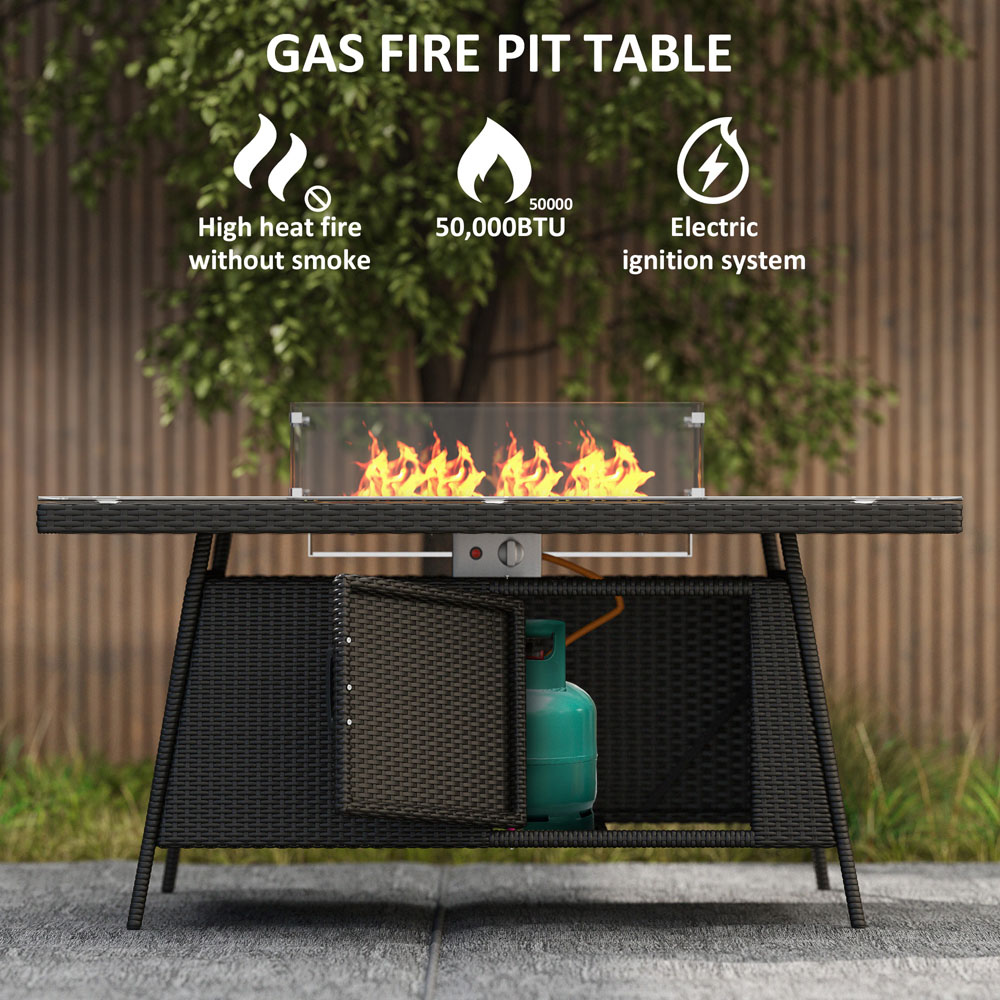 Outsunny 6 Seater Rattan Dining Set with Fire Pit Table Black Image 6