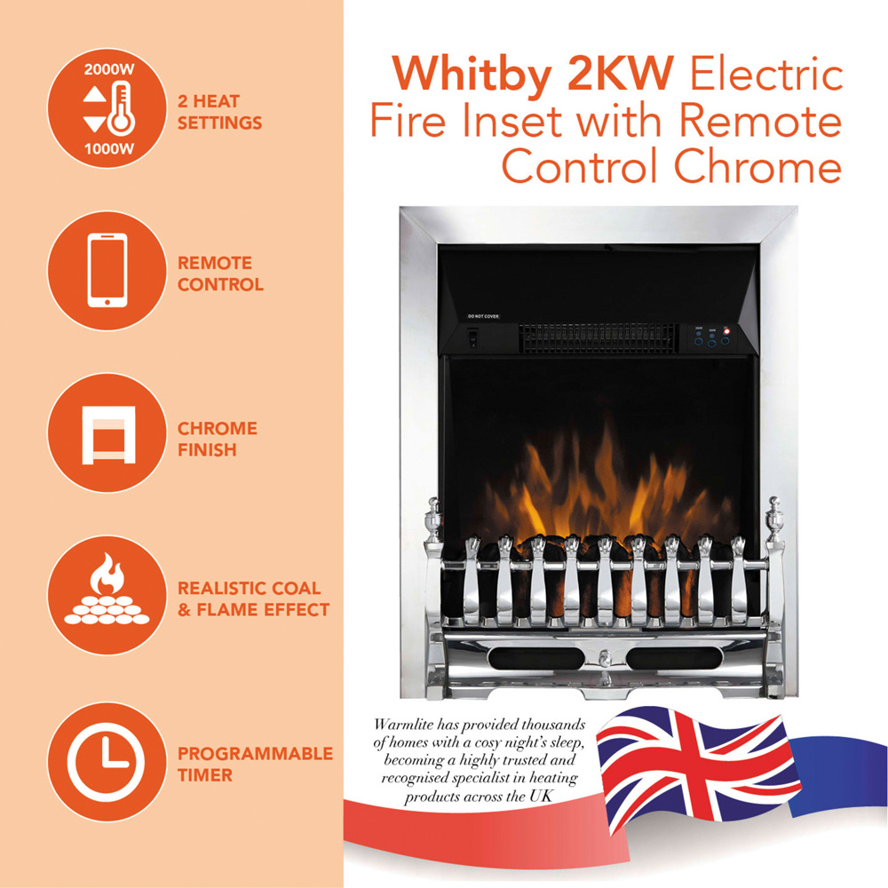 Warmlite Whitby Chrome Inset Electric Fire with Realistic Flame Effect 2000W 19 inch Image 2