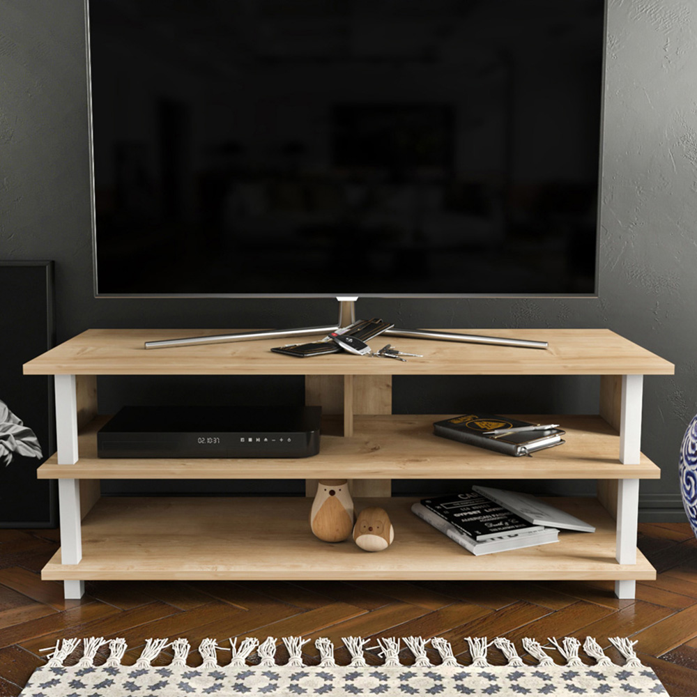 Decorotika Pueblo 4 Open Shelf White and Oak Wide TV Unit Image 1