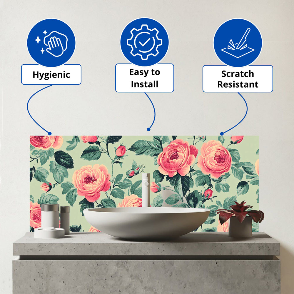 Warren Reed Designer Sage Green and Pink Roses Glass Bathroom Splashback 25 x 60cm Image 3