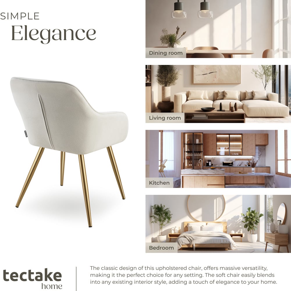 tectake Marilyn Set of 2 Cream and Gold Corduroy Padded Dining Chair Image 7