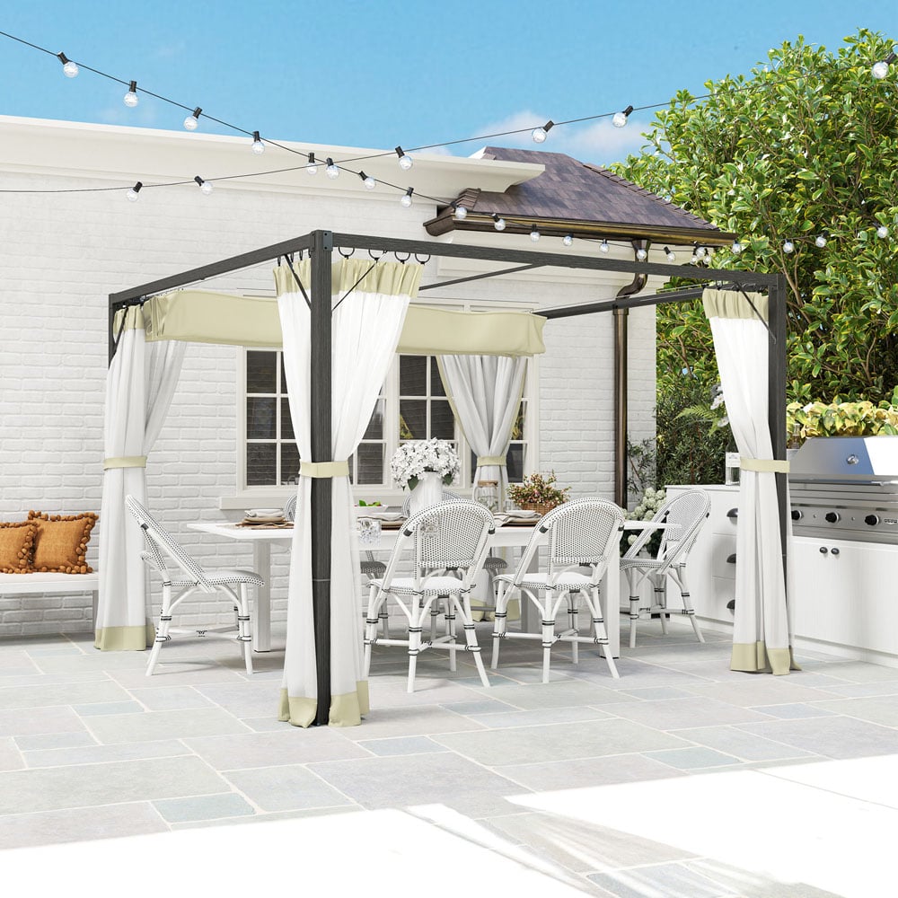 Outsunny 3 x 3m Khaki Pergola with Retractable Roof and Netting Image 4