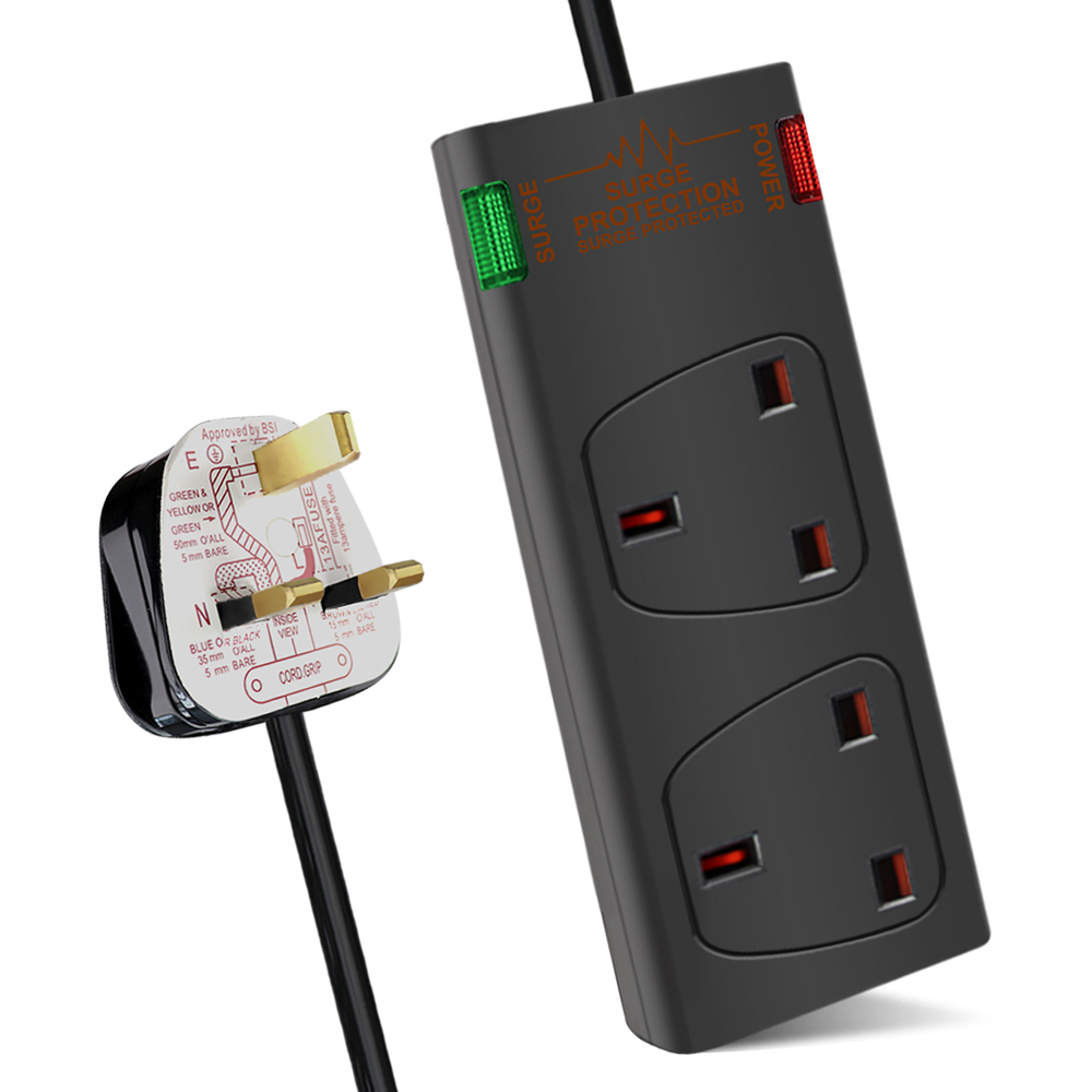 ExtraStar Black 13A 5m 2 Socket Surge Protected Extension Lead Image 1