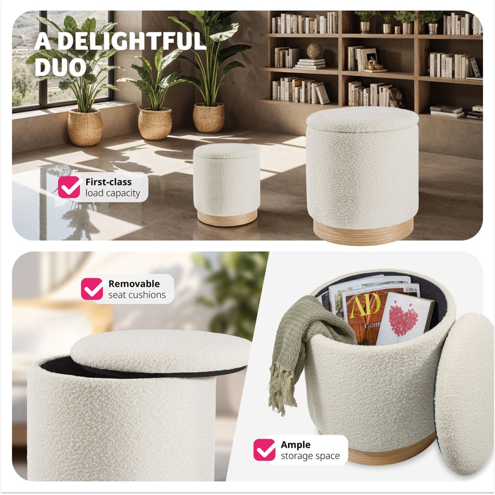 Tectake Orchid Set of 2 White Boucle Padded Stools with Storage Image 5