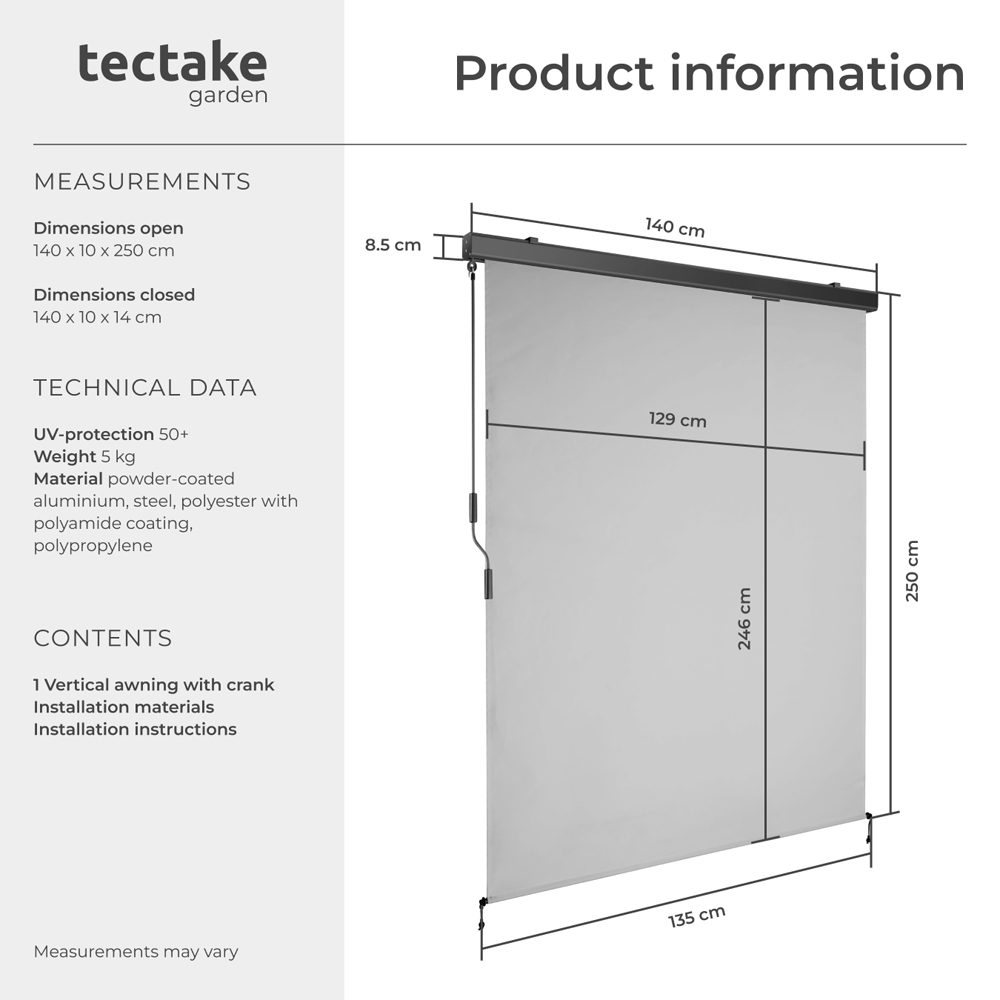 tectake Eloise Light Grey Vertical Awning with 2 Wall Brackets 1.4 x 2.5m Image 8