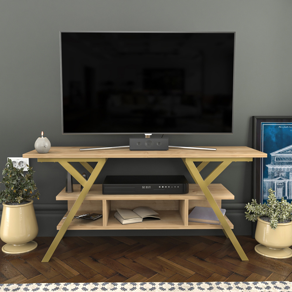 Decorotika Minerva Decorative 4 Open Shelf Gold and Oak TV Unit Image 4