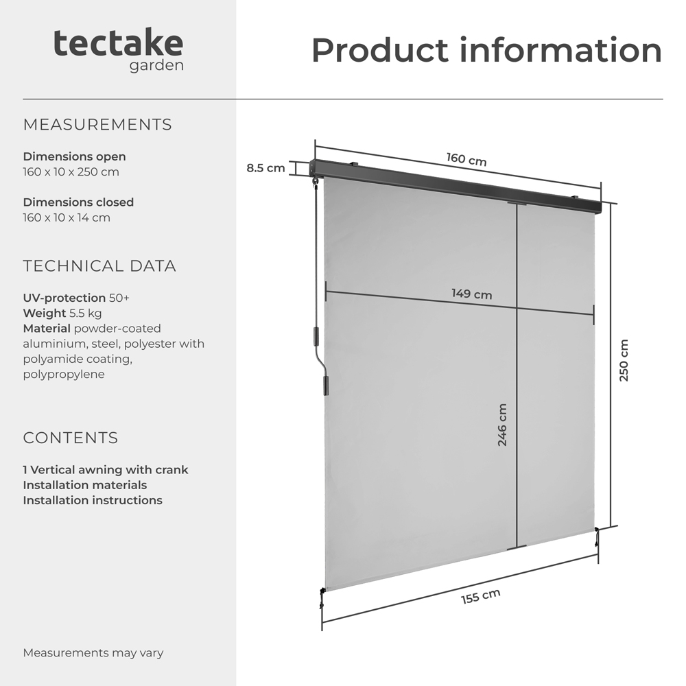 tectake Eloise Light Grey Vertical Awning with 2 Wall Brackets 1.6 x 2.5m Image 8