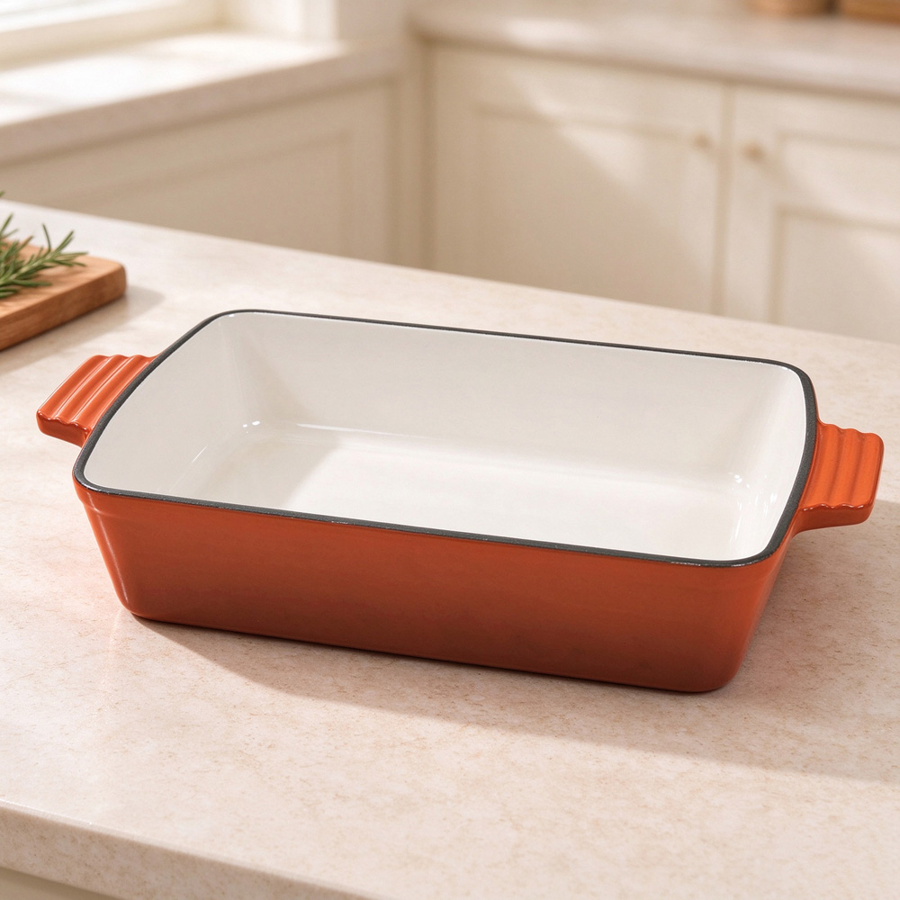 Living and Home 3.7L Orange Enamelled Cast Iron Rectangular Baking Dish Image 2