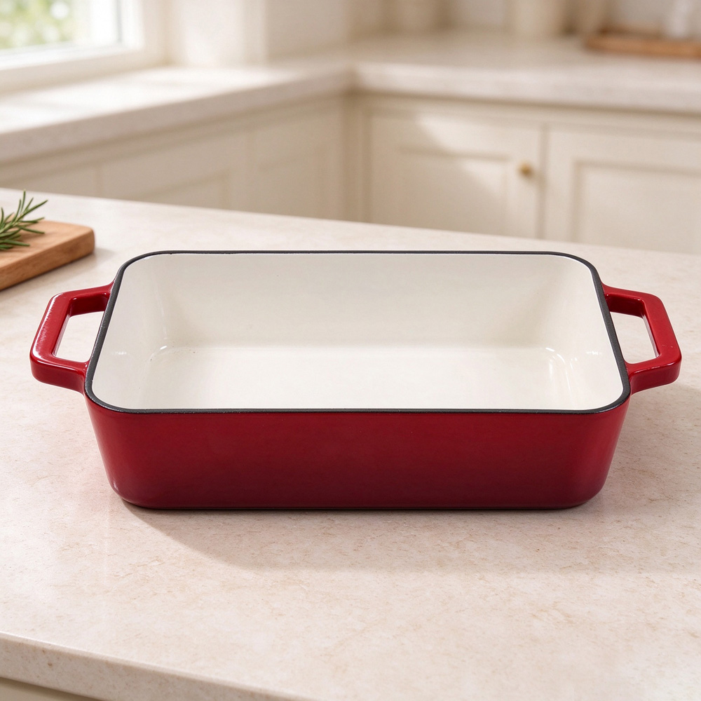 Living and Home 3.2L Red Enamelled Cast Iron Rectangular Baking Dish Image 2