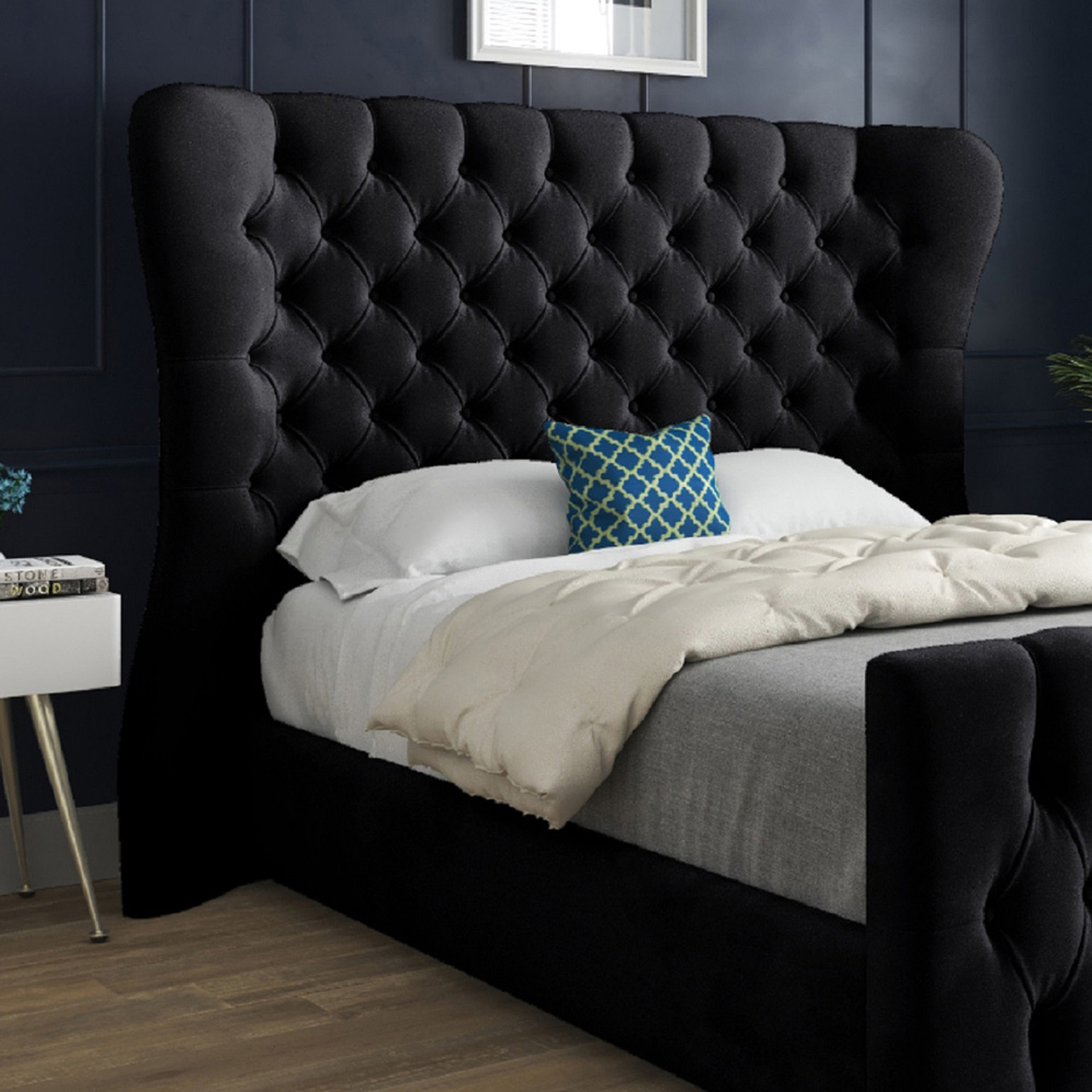 Parma Super King Size Black Soft Velvet Upholstered Bed Frame with Curved Winged Headboard Image 3