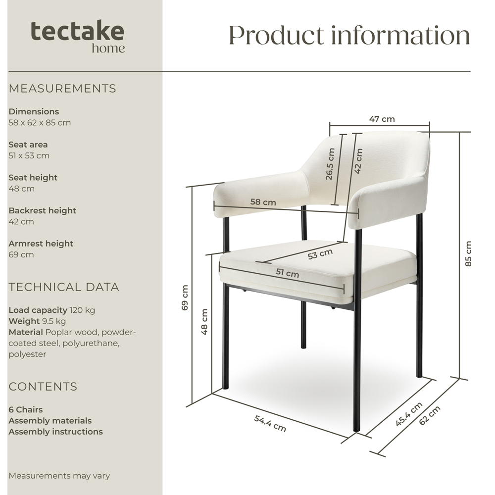 tectake Doe Set of 6 Cream Woven Fabric Armchair Image 9