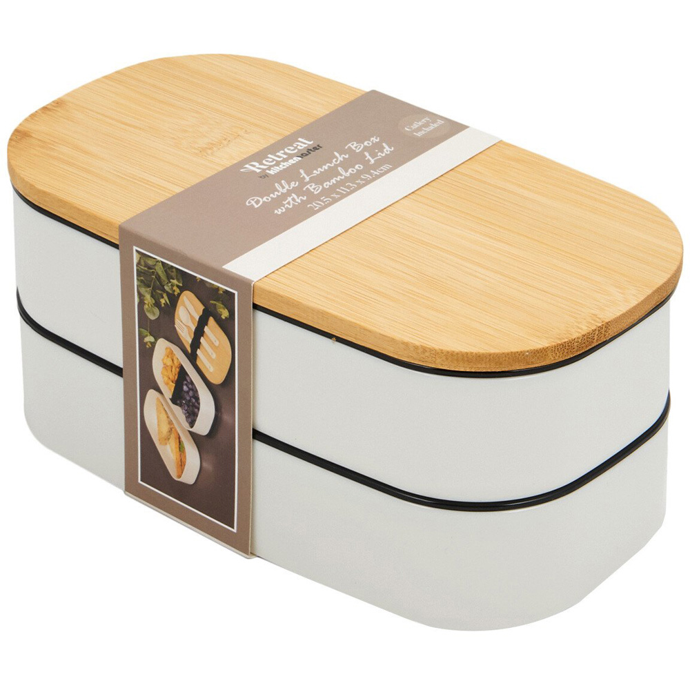 Double Lunch Box with Bamboo Lid - White Image 1