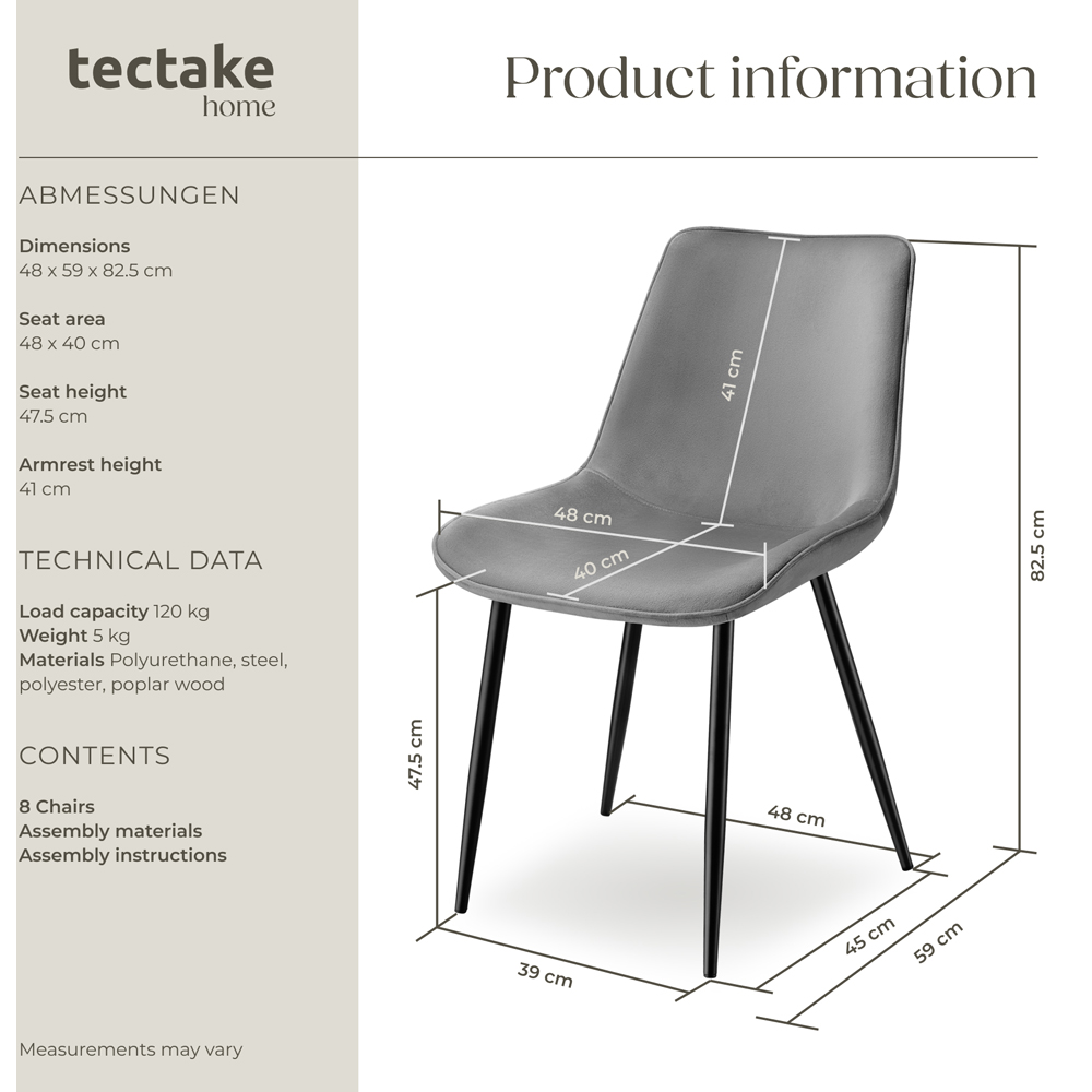 tectake Monroe Set of 8 Grey Velvet Padded Dining Chair Image 9