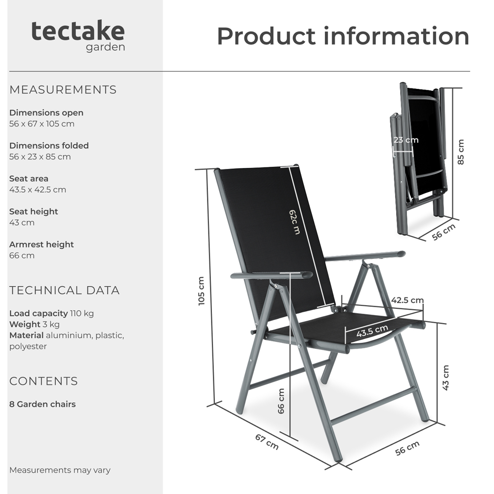 tectake Marilena Set of 8 Anthracite Adjustable Garden Chair Image 9