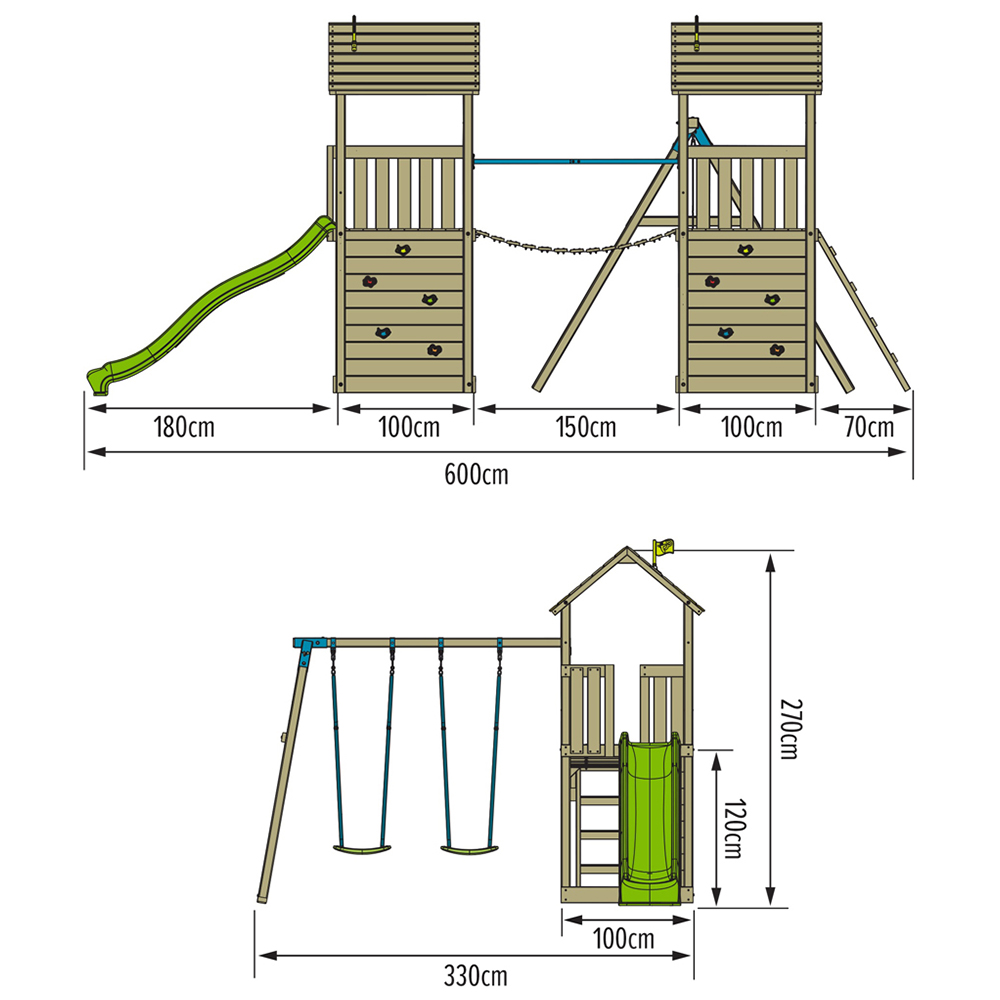 TP Skywood Kids Wooden Climbing Frame with Two Towers Sky Bridge Double Swing and Slide Image 5