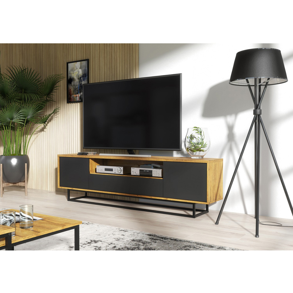 Creative Furniture Rift Loft Dark Oak and Black Matte 2 Door Single Drawer TV Unit Image 6
