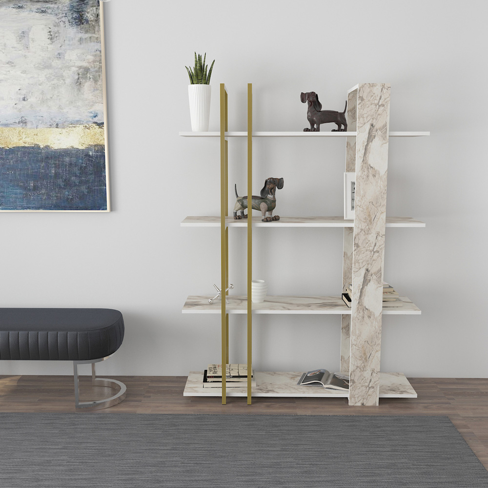 Decorotika Onno 4 Shelf White Marble Effect and Gold Bookcase Image 7