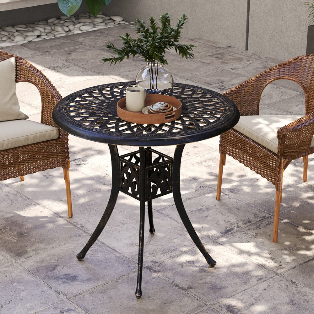 Outsunny Round Garden Dining Table with Parasol Hole Bronze Tone Image 4