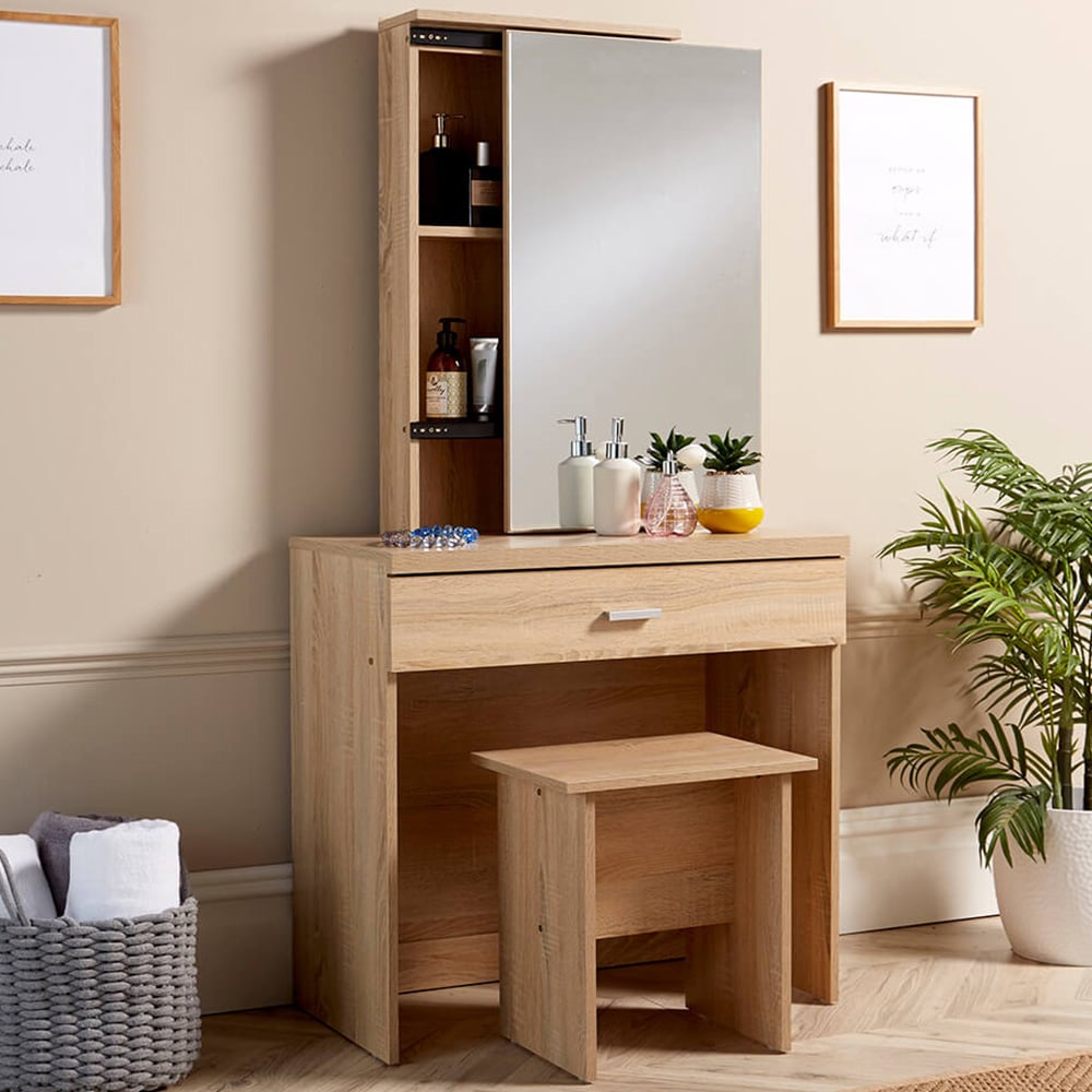 Home Source Berlin Single Drawer Oak Dressing Table Set with Sliding Vanity Mirror Image 1