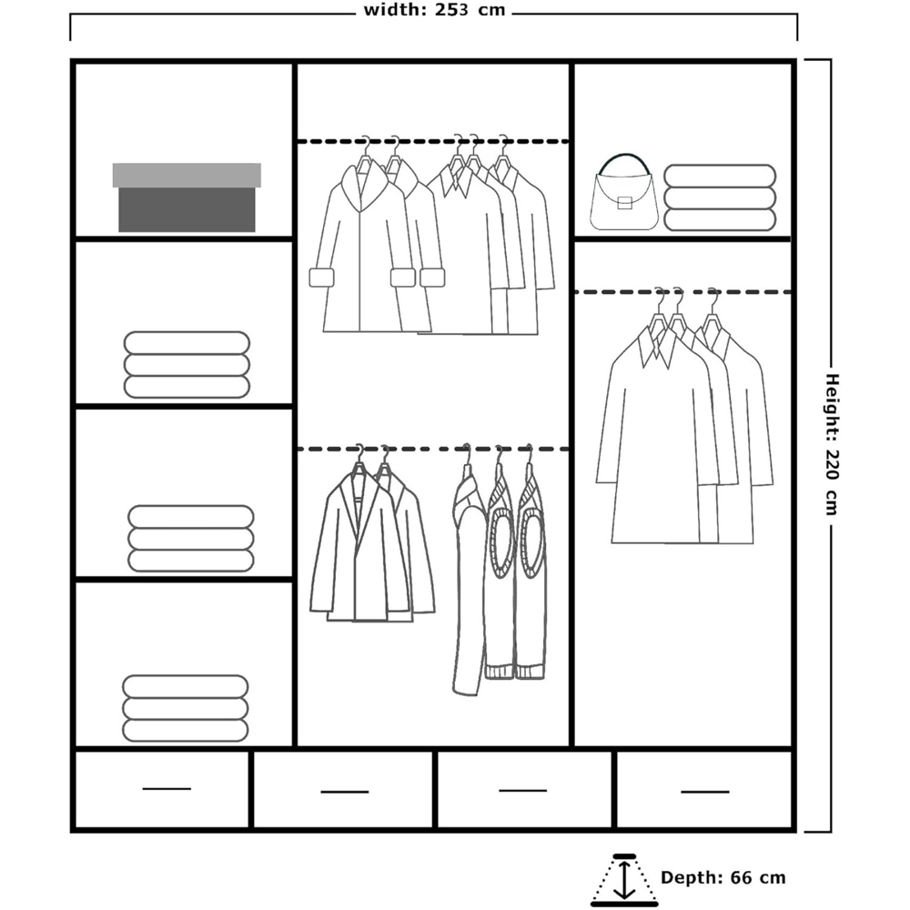 M N Furniture Silora 3 Door 4 Drawer Grey and Gold High Gloss Mirrored Sliding Wardrobe 253cm Image 5