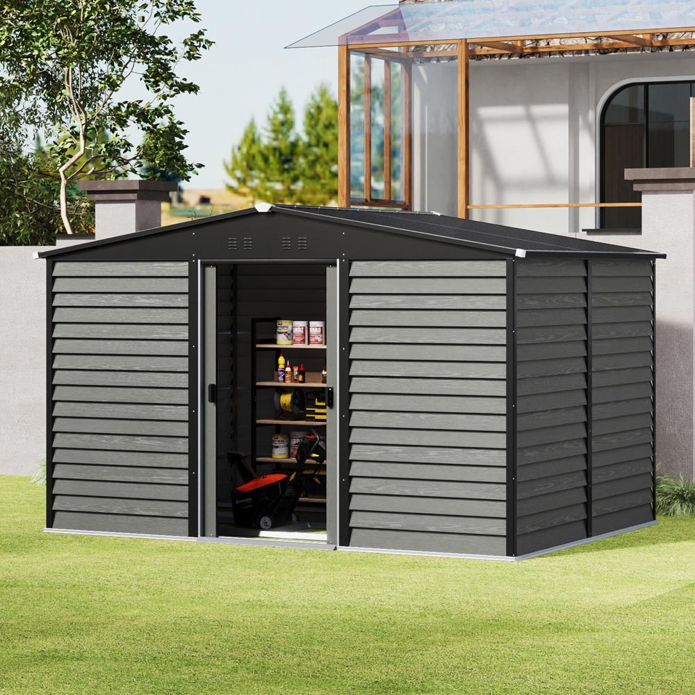 Living and Home 12 x 8.5ft Grey Metal Double Door Garden Storage Shed Image 7