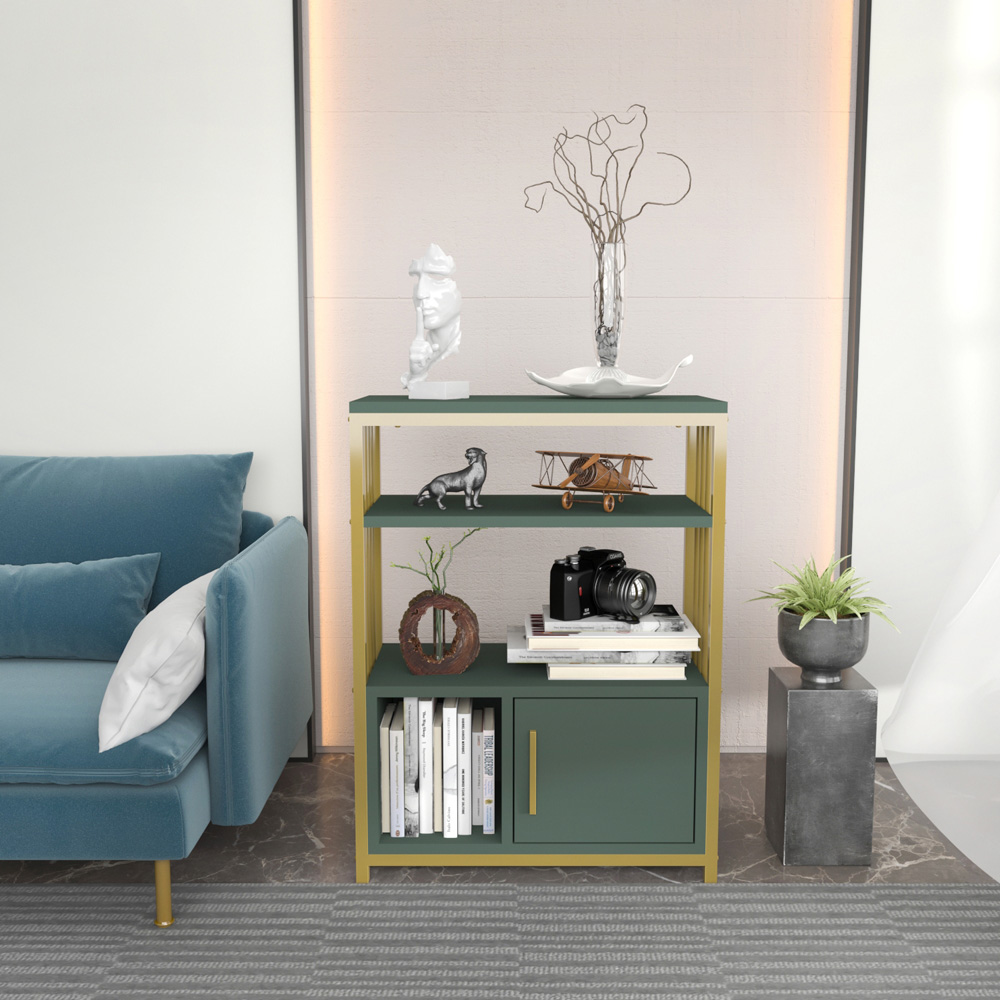 Decorotika Letos Single Door 3 Shelf Green and Gold Bookshelf Image 6