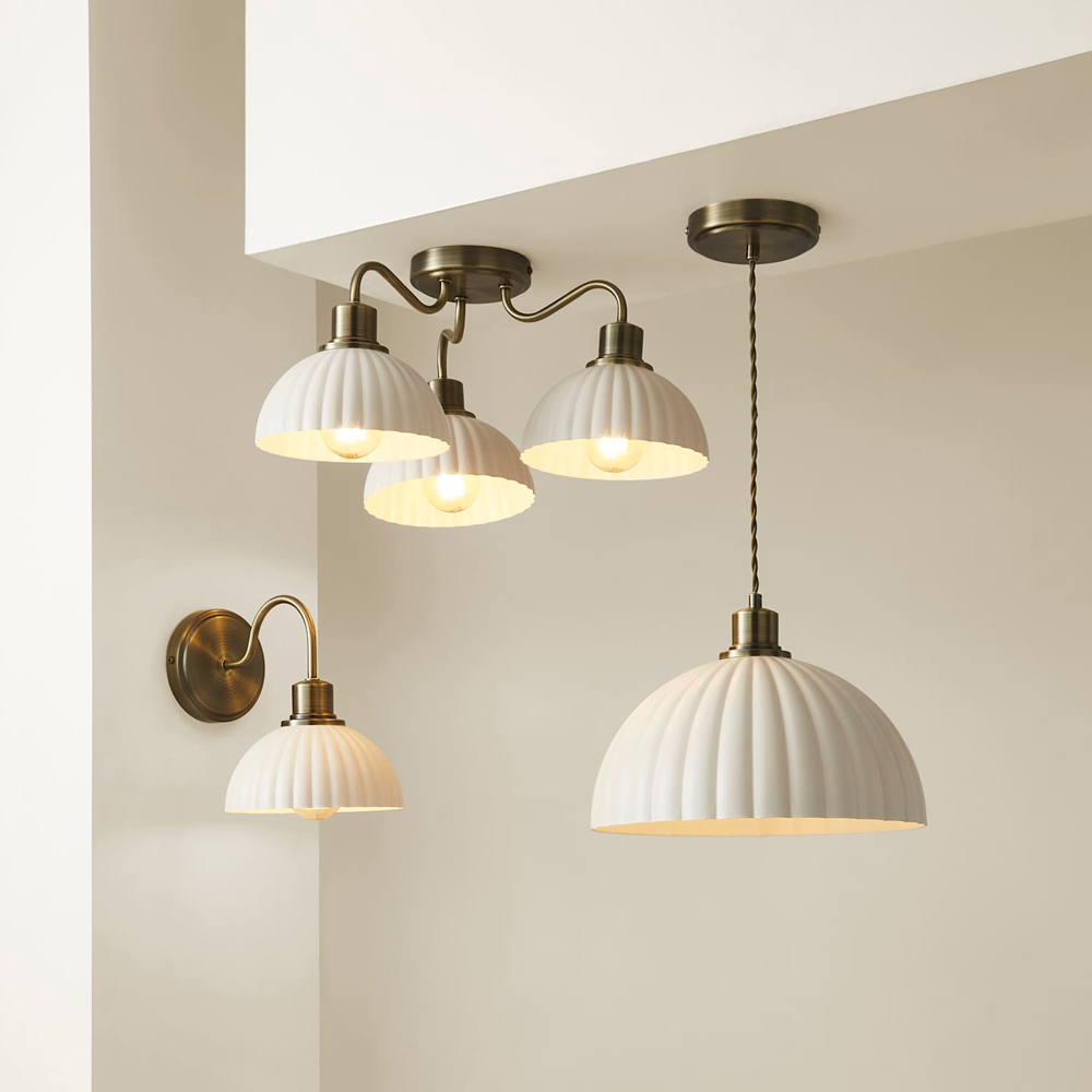 ValueLights Bourton Cream Ribbed Dome Shade Brushed Gold Ceiling Light with Bulb Image 7