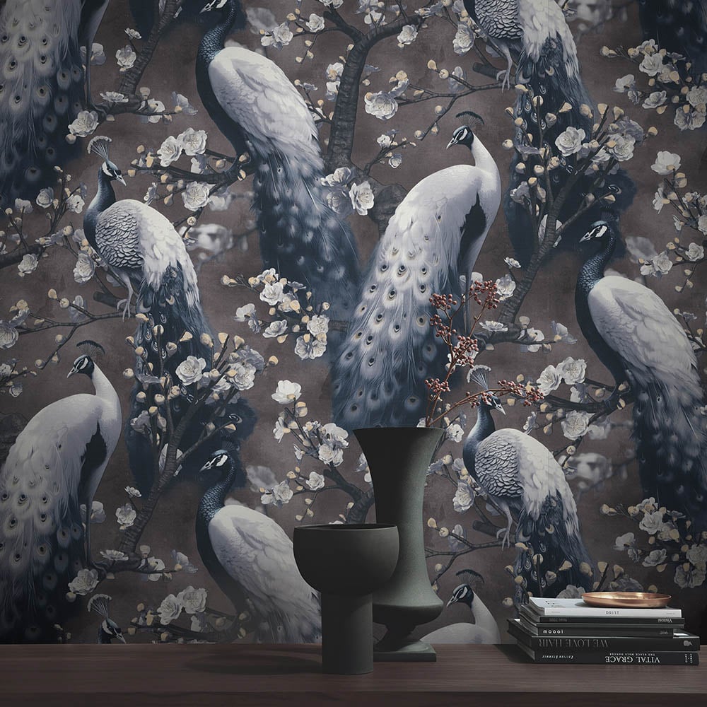 Erismann Opulent Peacock Floral Black Wallpaper Image 4