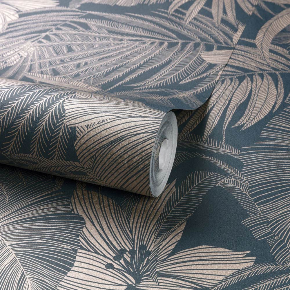 Grandeco Joelle Metallic Floral Fern Outline Navy and Rose Gold Wallpaper Image 2