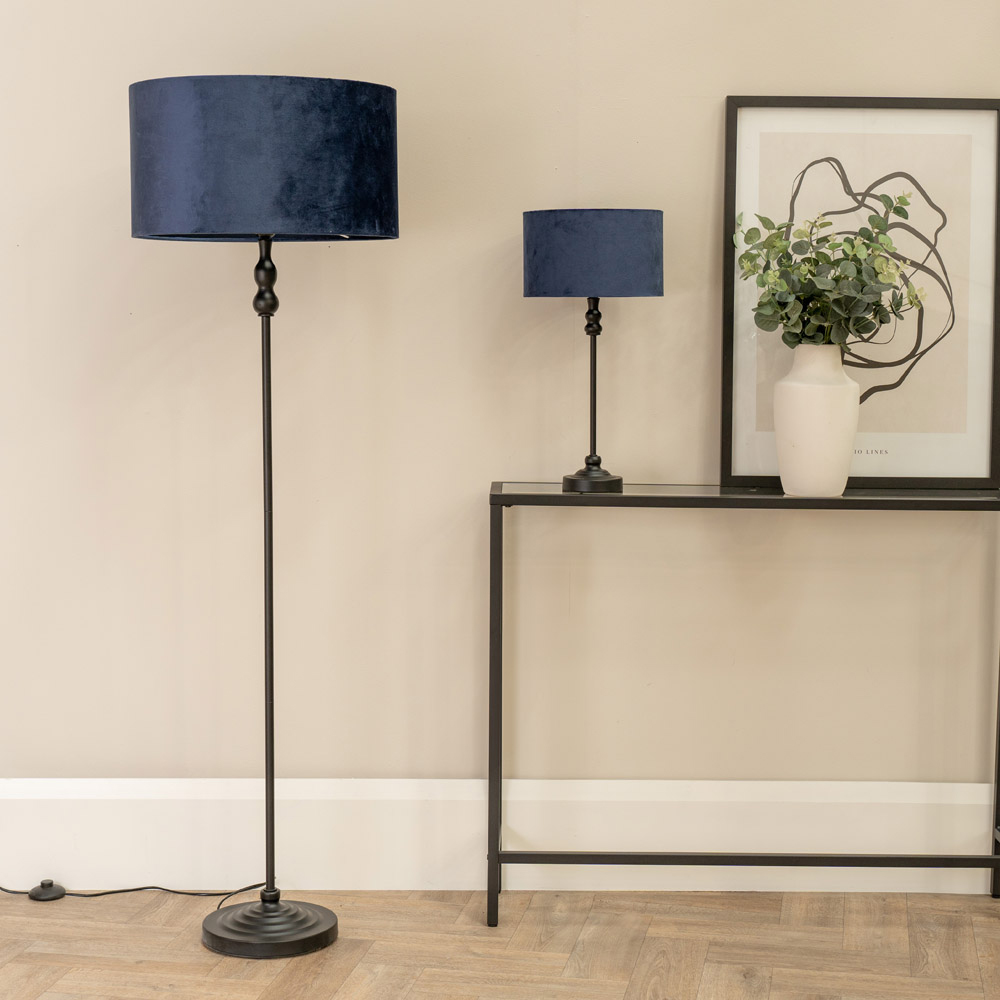ValueLights Maggie Navy Blue Velvet and Black Drum Shade Candlestick LED Table Lamp Image 5