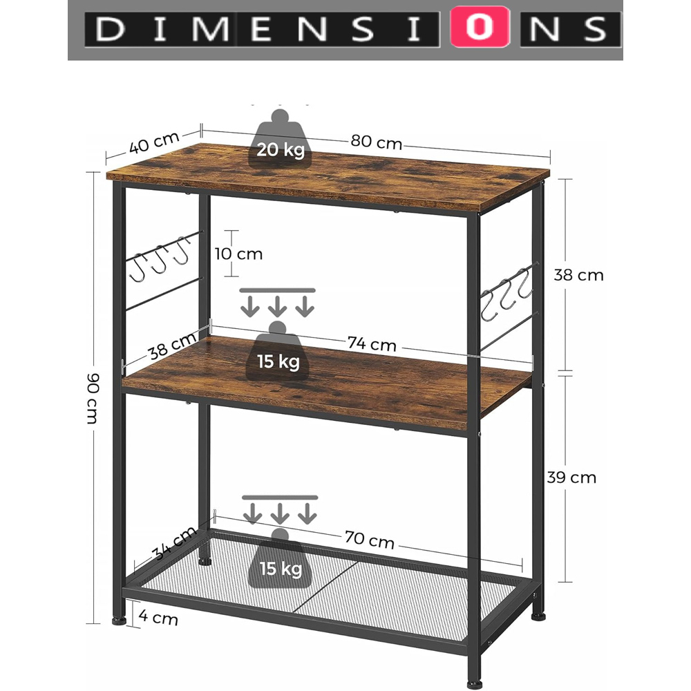 Modcraft 3 Shelf Rustic Brown and Black Kitchen Island with Hooks Image 6