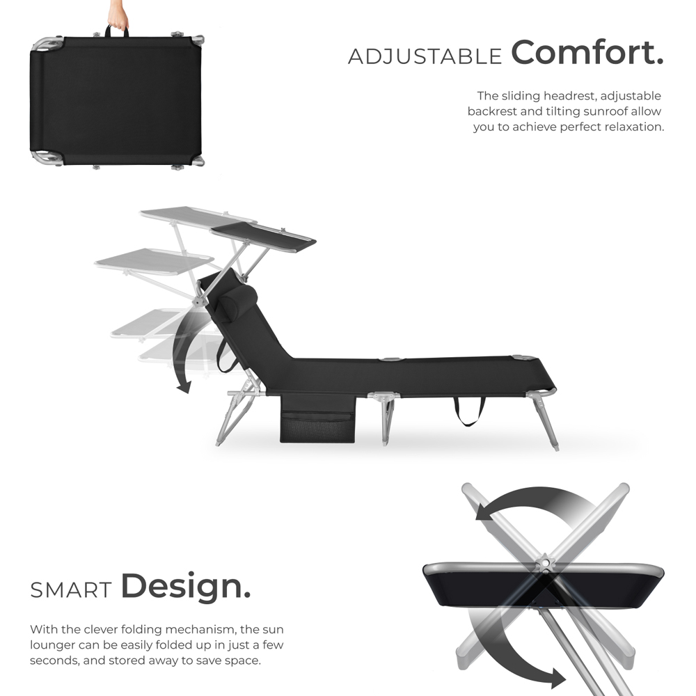 tectake Set of 2 Black Foldable Sun Loungers with Sun Canopy Image 3