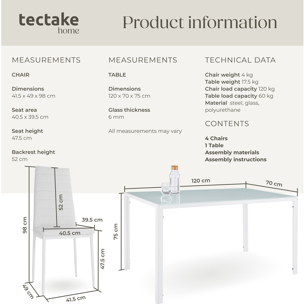 tectake Berlin 4 Seater White Faux Leather Dining Table Set Image 8