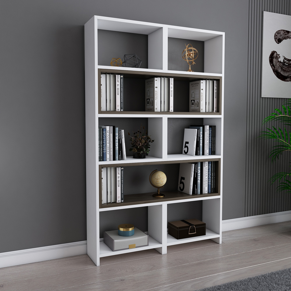 Decorotika Poyraz 8 Shelf White and Walnut Bookshelf Image 6