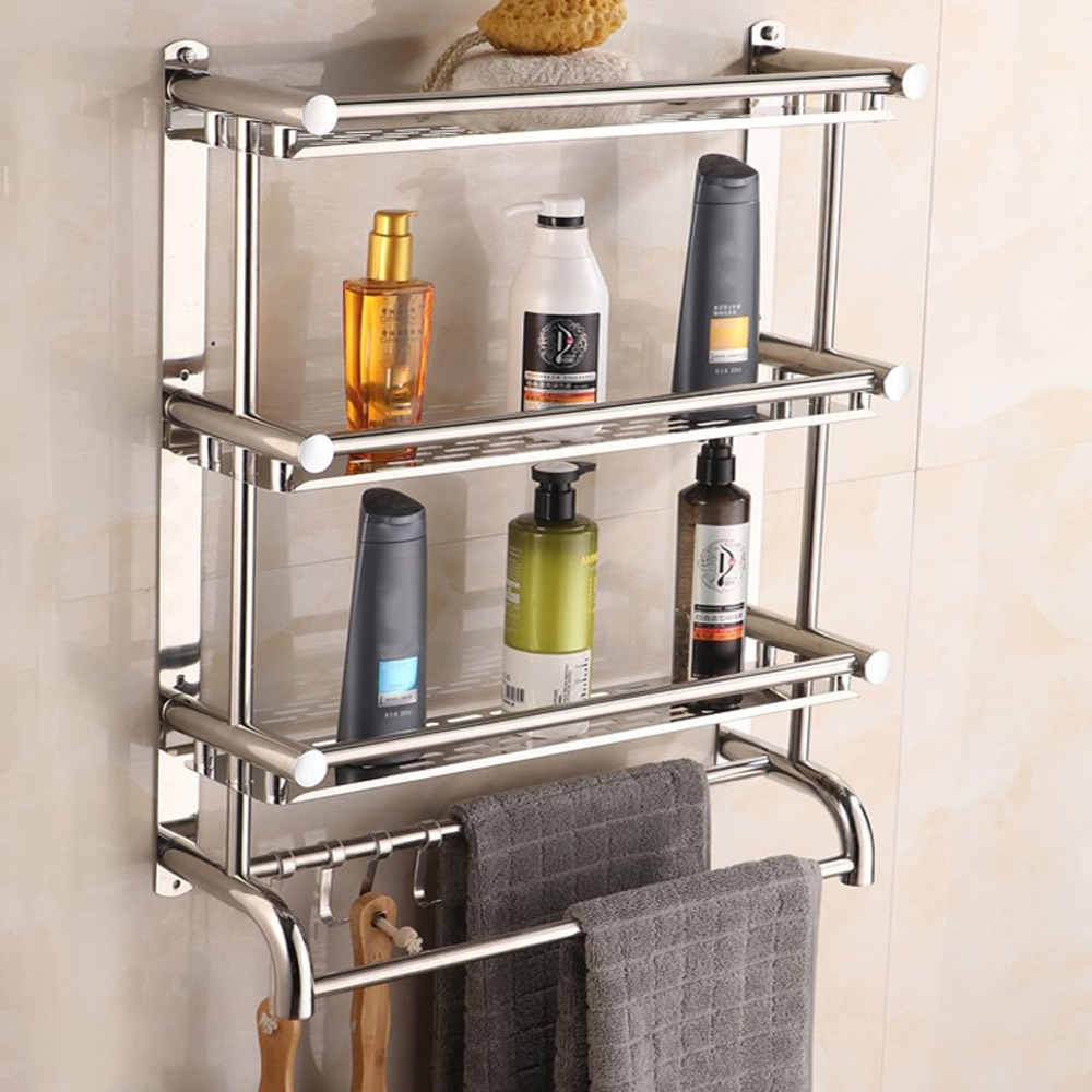 Living and Home 3-Tier Silver Stainless Steel Wall Mounted Bathroom Towel Rail with Shelf and Hooks Image 5