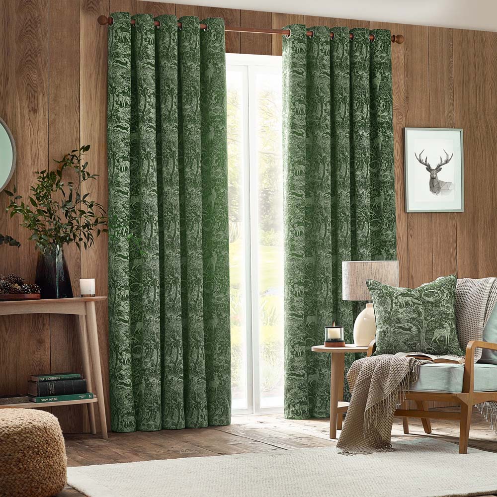 furn. Winter Woods Emerald Animal Chenille Eyelet Curtains 229 x 137cm Image 6