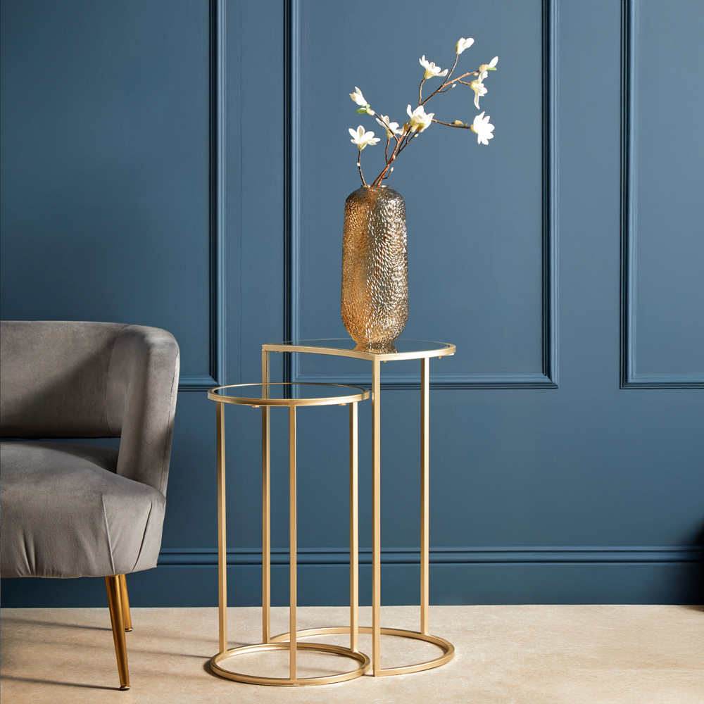 Premier Housewares Avantis Gold Mirrored Top Round Nest of Side Tables Set of 2 Image 2