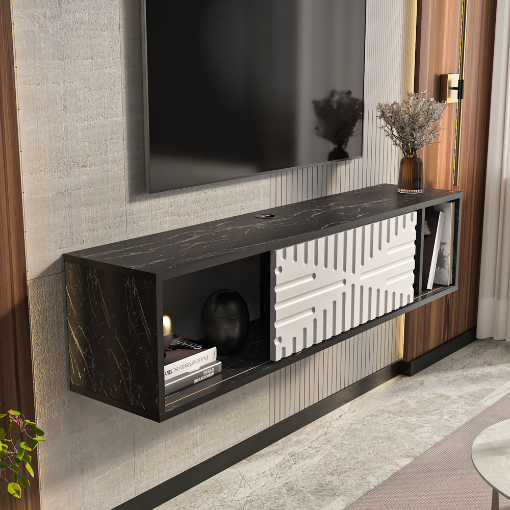 Decorotika Single Door 3 Shelf Black Marble and White Floating TV Unit Image 6