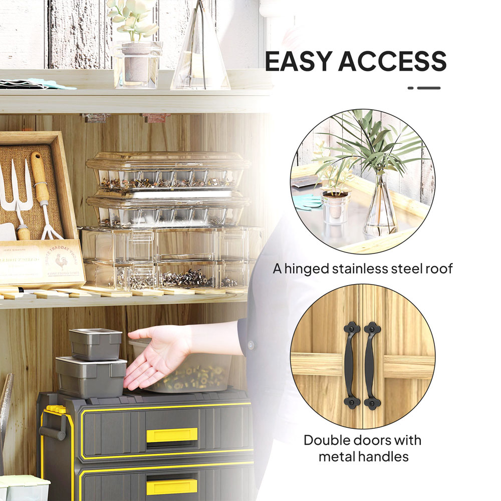 Outsunny 2.4 x 2.4ft Natural Wood Garden Storage Shed with Hinged Roof and Shelf Image 5