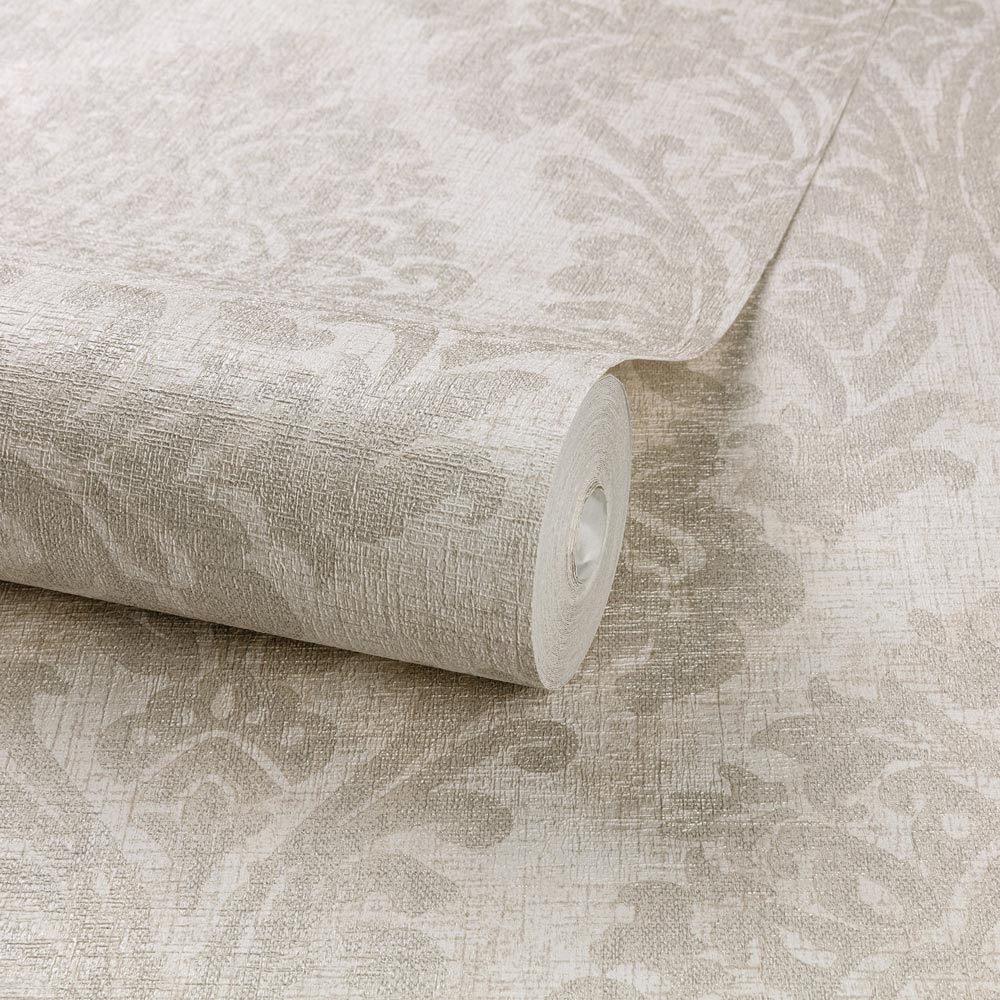 Grandeco Chenille Distressed Metallic Damask Cream Wallpaper Image 2