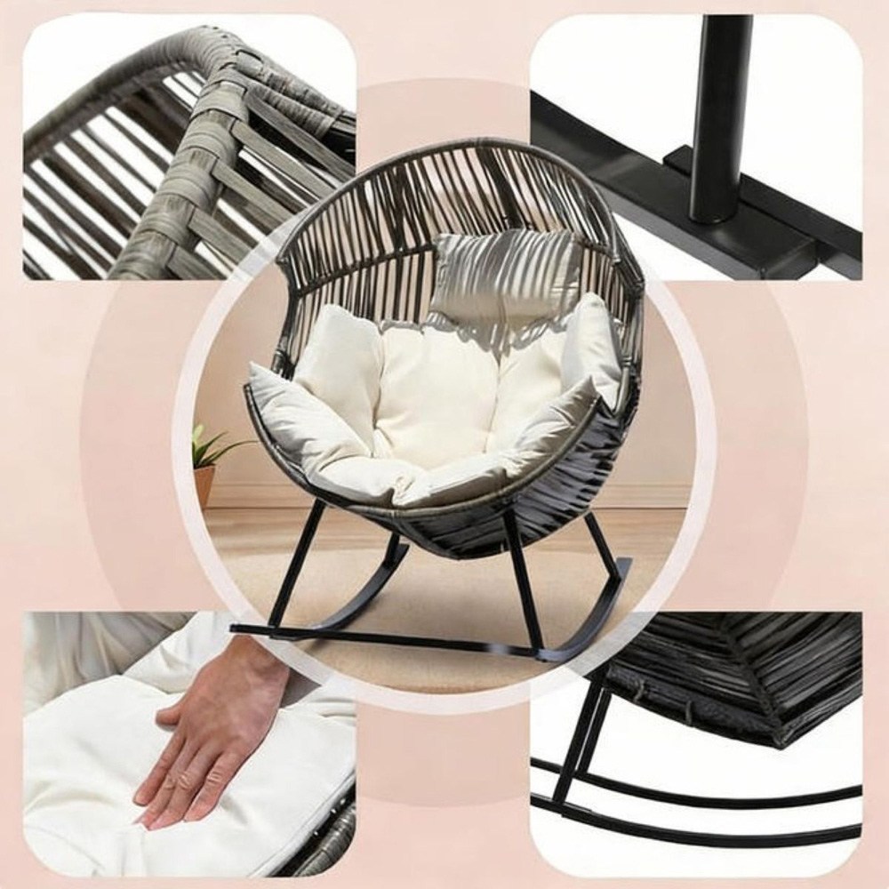Willowmare Oversized Grey PE Rattan Rocking Chair with Thick Cushion Image 5