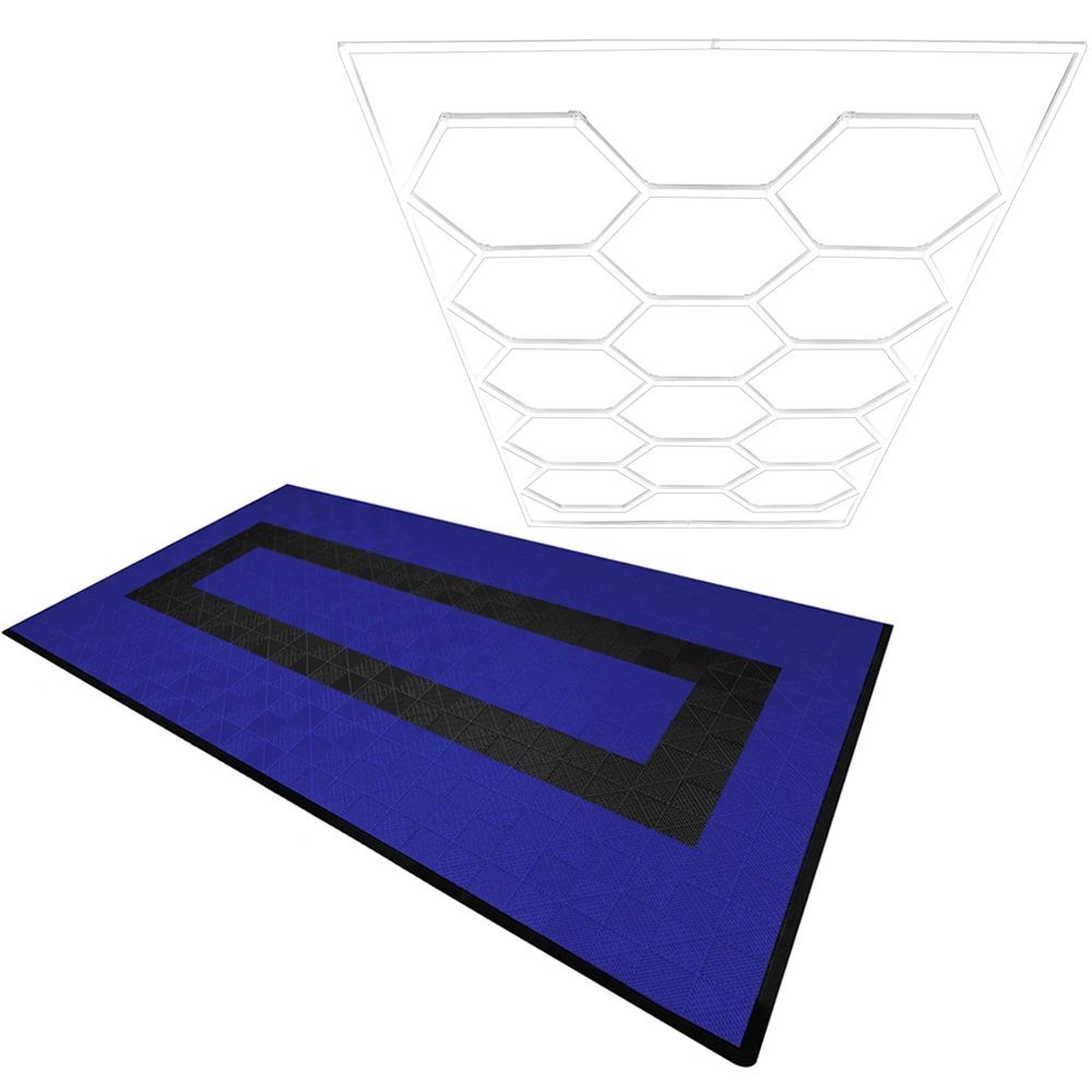 MonsterShop 90 Blue and 30 Black Vented Garage Floor Tiles with Edges and 14 Hexagon LED Light Image 1