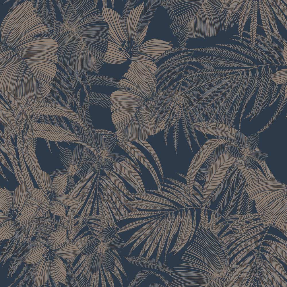 Grandeco Joelle Metallic Floral Fern Outline Navy and Rose Gold Wallpaper Image 1