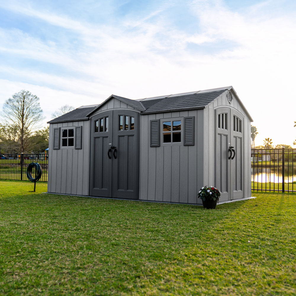 Lifetime Products 15 x 8ft Double Door Dual Entry Grey Garden Storage Shed Image 2