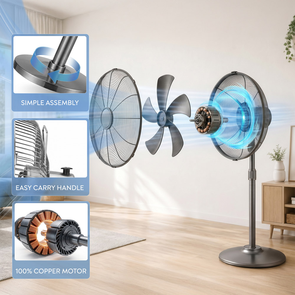 Air Pro Grey Brushed Height Adjustable Oscillating Standing Pedestal Fan 16 inch Image 4